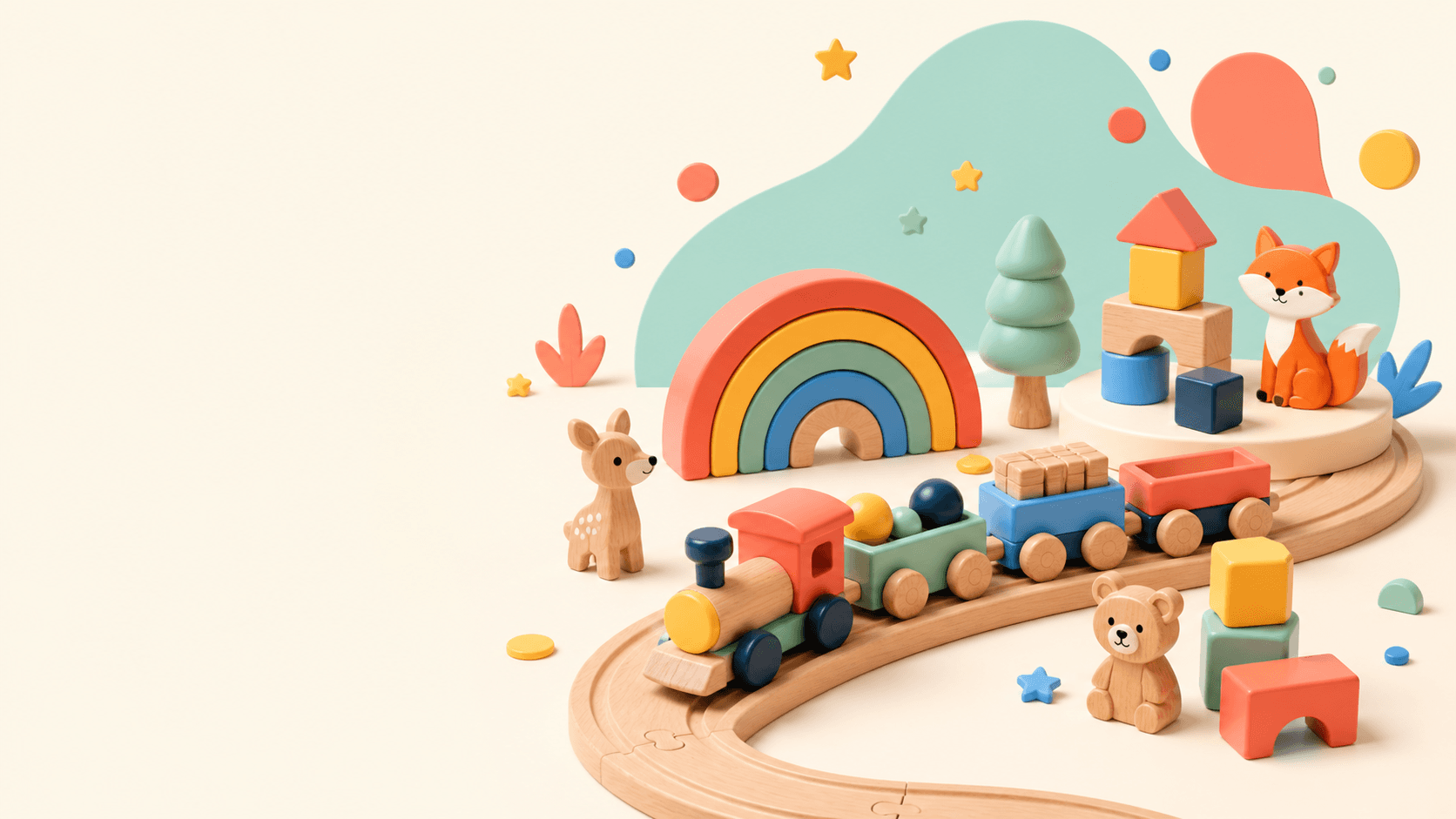 Un monde de jouets en bois colorés, avec train, arc-en-ciel et animaux.